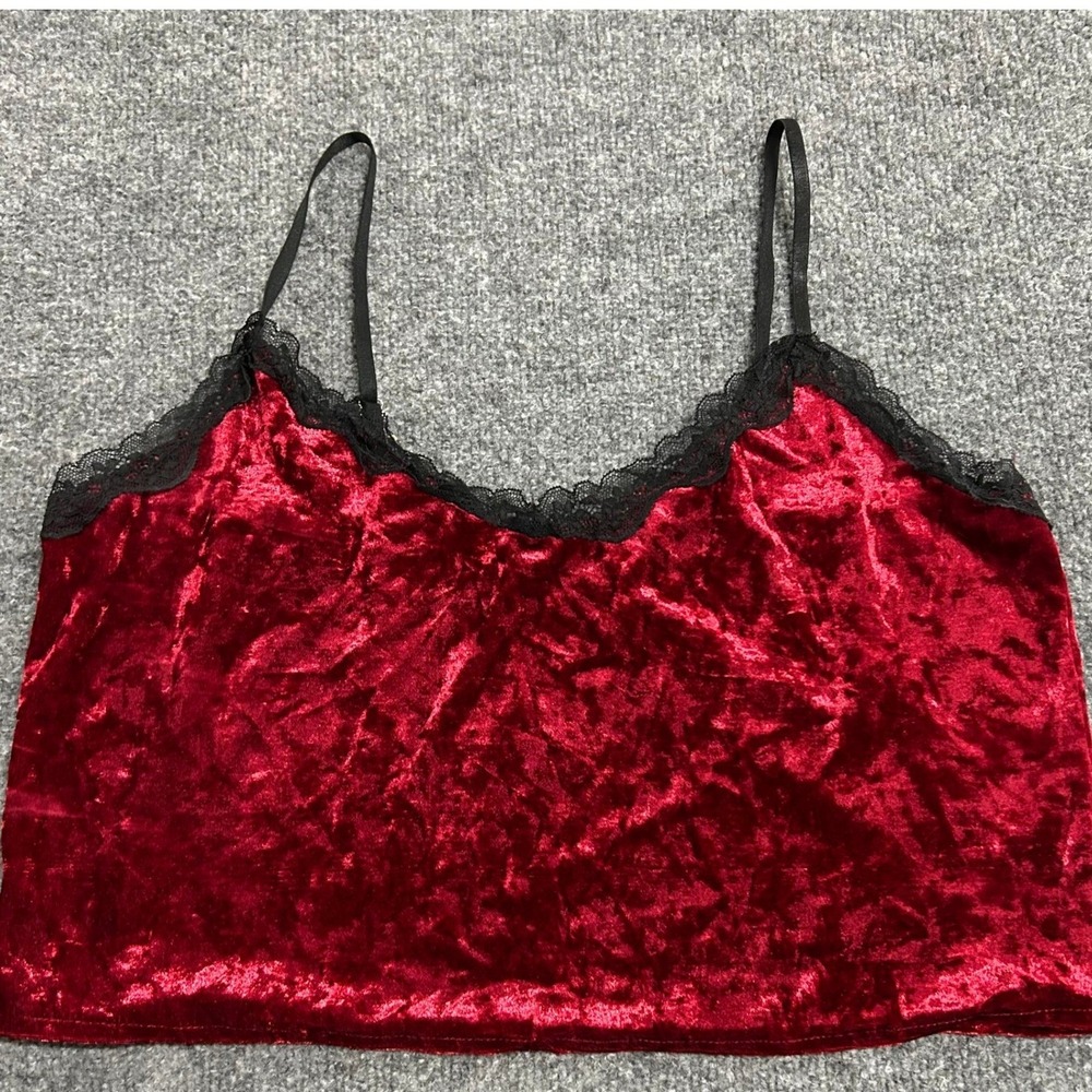 Unbranded Camisole Womens Size XL Burgundy Crushed Velvet Lace Trim Crop Tank